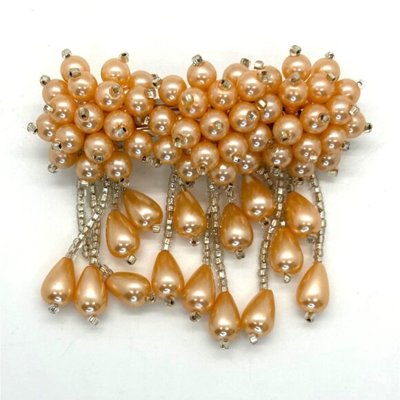 Vintage Hair Barrette Faux Pearl Apricot Peach Pastel Orange Bridal Formal Prom - Picture 2 of 13